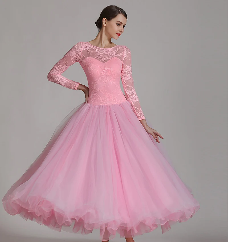

Standard Ballroom Dance Dresses Adult Elegant Pink Lace Waltz Competition Dancing Skirt Lady'S Tango Ballroom Dance Dress