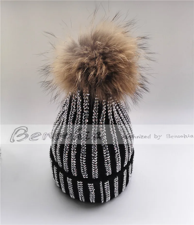 Зимняя женская Шапка бини в блестящем стиле|skullies cap|hat real furreal fur pom |