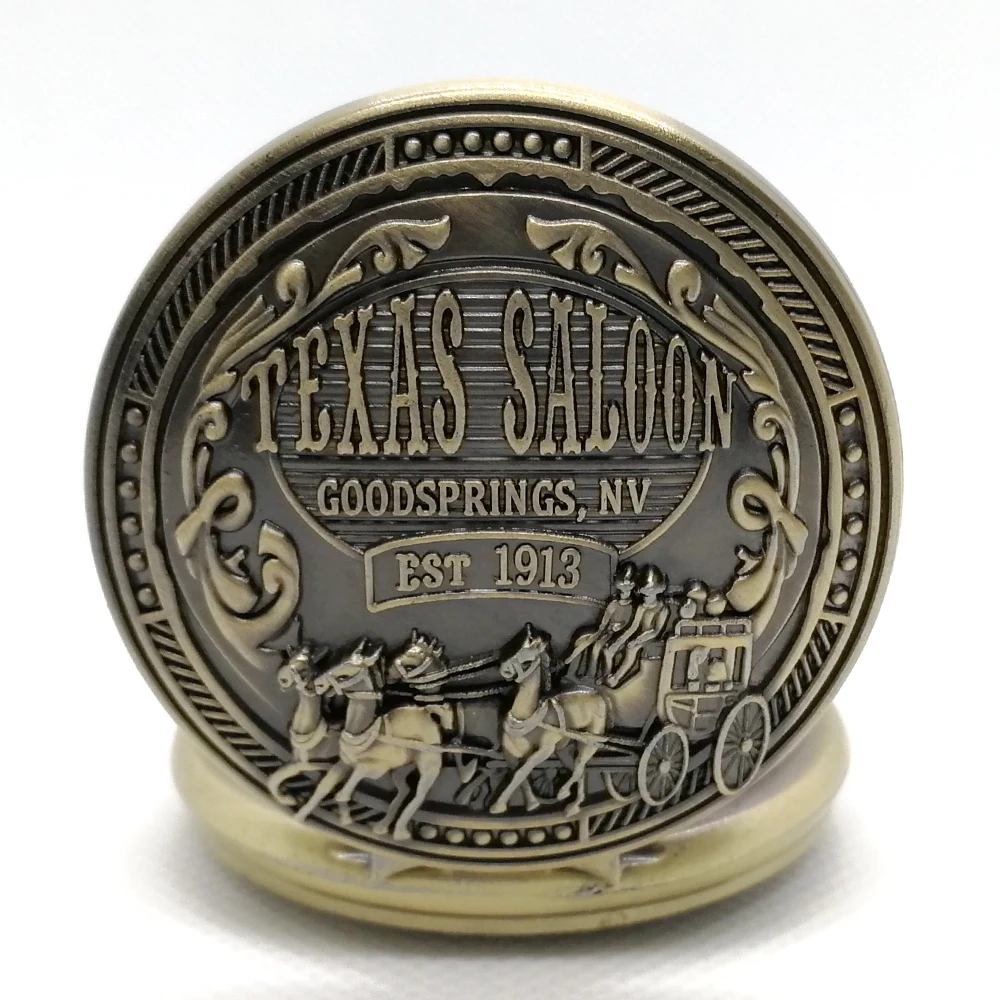 Ретро бронзовые TEXAS SALOON goodspring NV EST1913 кварцевые карманные часы кулон ожерелье