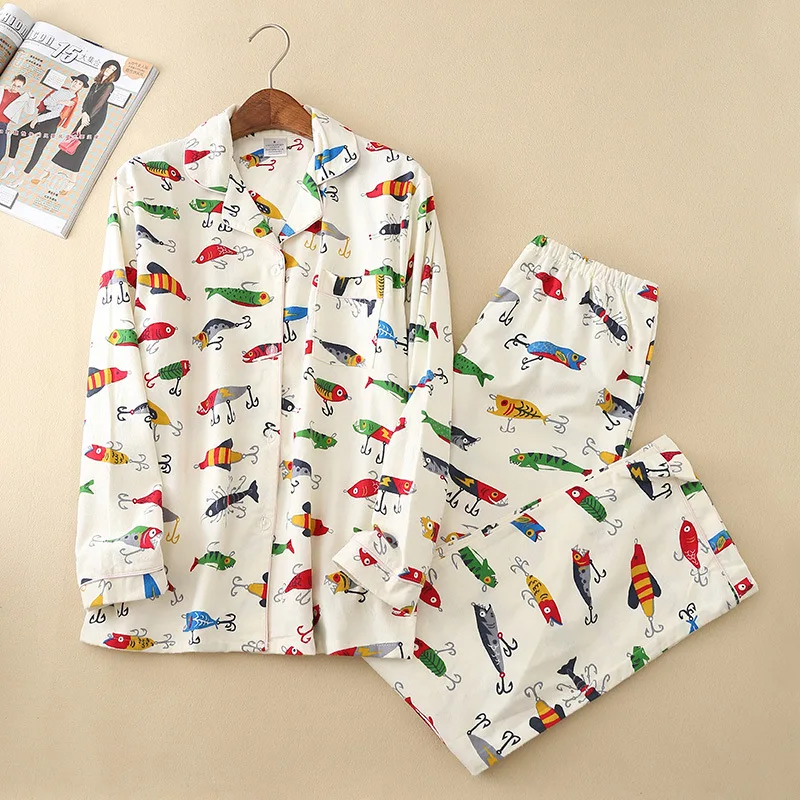 Женская Хлопковая пижама с мультяшным принтом на осень и зиму пижамный комплект