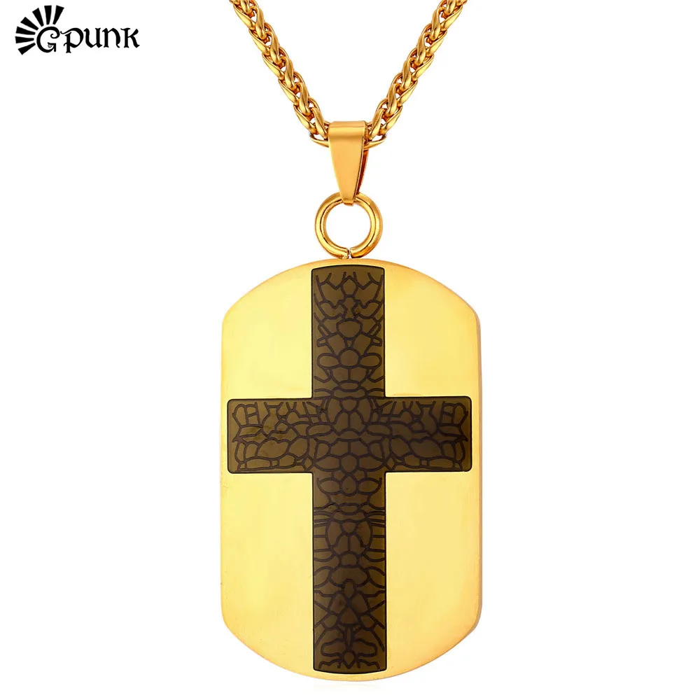 

Military Dog Tags Cross Necklaces & Pendants For Men Gold color Stainless Steel Never Fade Religious Christian P2168G