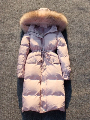 pink pink fur Зимнее модное женское пальто на утином пуху, длинные дизайнерские куртки выше колена с воротником из меха енота, розовый, синий, черный, серый, xxl 2xl - Цвет: pink pink fur