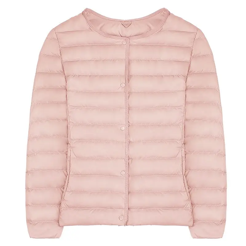 Pink Женский весенне-осеннийтонкий пуховик с круглым воротником, теплая куртка с длинными рукавами с пуговицами, легкая зимняя куртка - Цвет: Pink