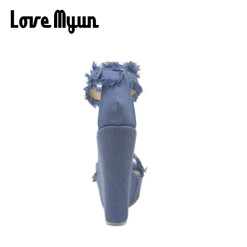 2018 Wedges sandals for women High Heels Platform shoes open toe high heels Sexy Blue Denim SD-26 | Обувь