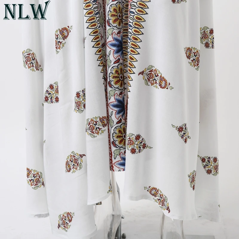 NLW White Print Maxi Dress V Neck Halter Summer 2018 Women Spaghetti Strap Sexy Long Chic Beach Party Girl Vestidos | Женская одежда