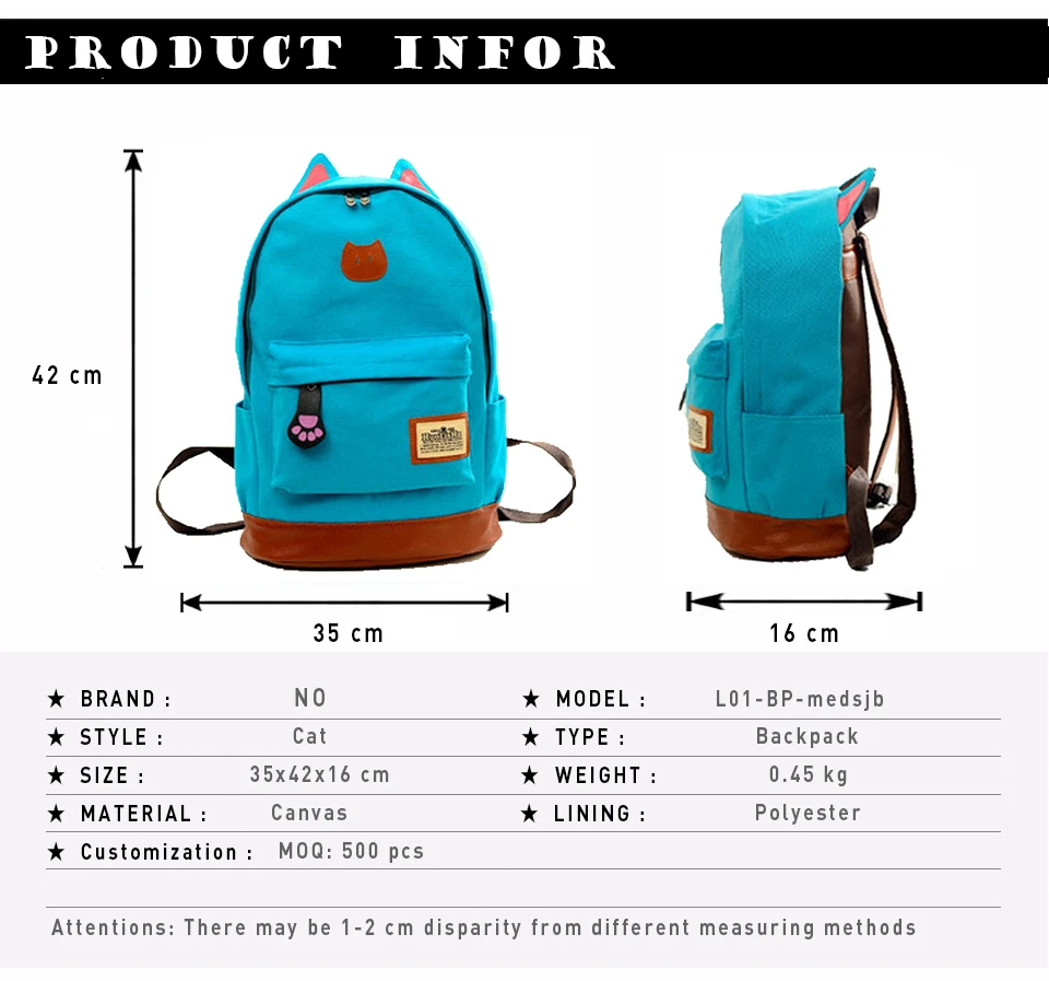 Первичной и средней школы студенты сумка кошачьи уши холст рюкзак женщины