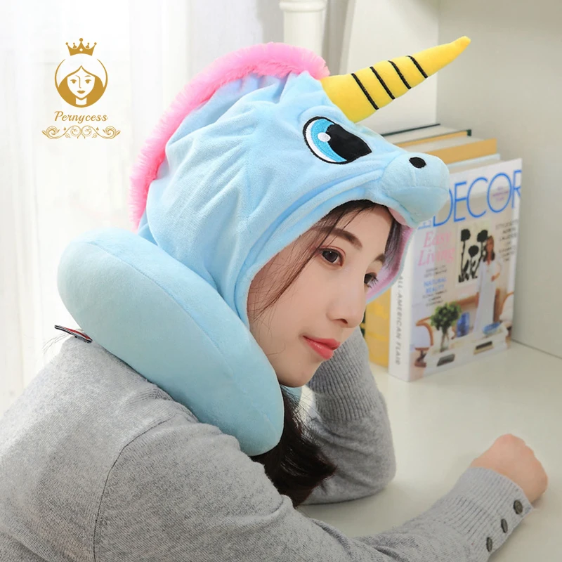 

1PCS 30cmx23cm Cute Unicorn Hooded U-shaped Pillow, Unicorn Plush Filled Office Nap Pillow, Travel Pillow