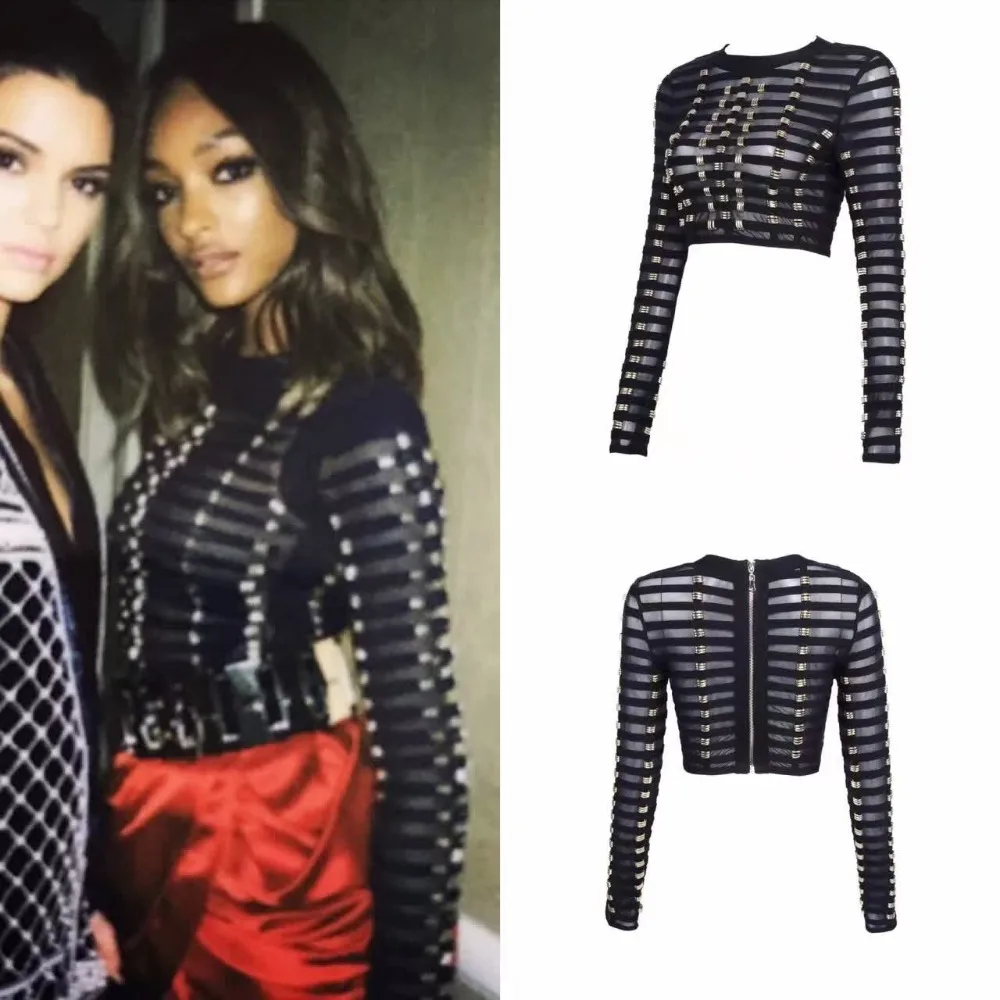 Женские модные облегающие сетчатые топы с круглым вырезом и шипами черные|bandage