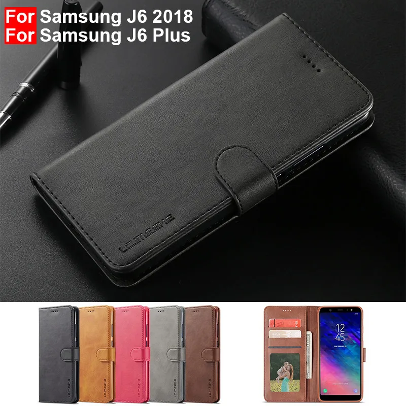 Чехол J6 Plus для Samsung Galaxy 2018 кожаный Винтажный чехол телефона книжка с бумажником на