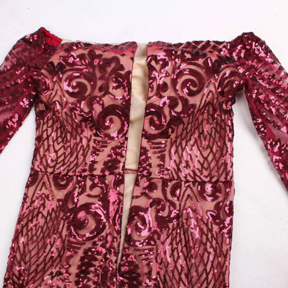 Бургундия сексуальные с плеча Платье блестками Dress тугой длина пола Geometicс