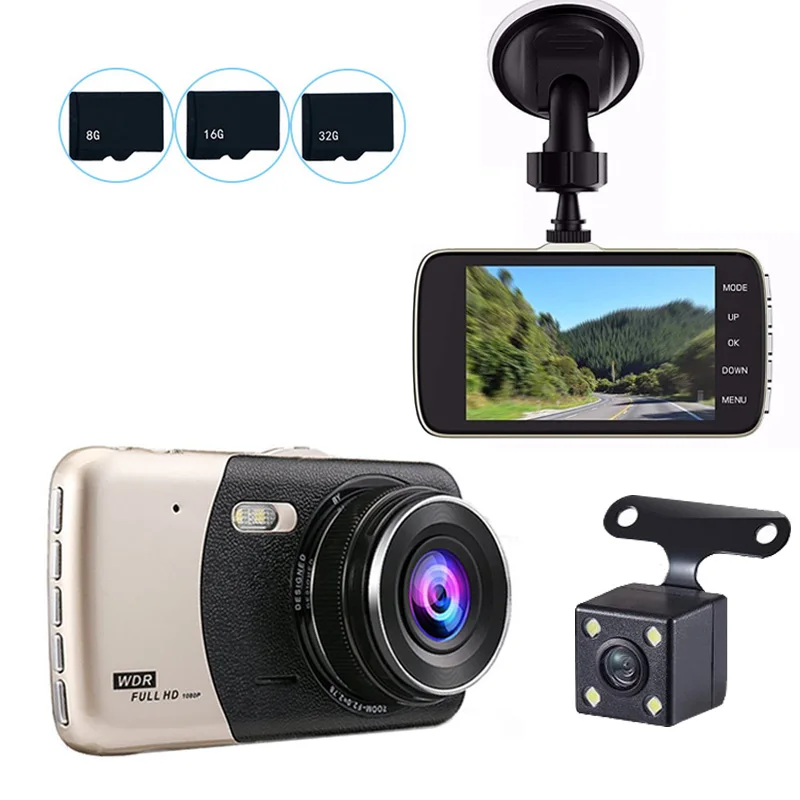 Автомобильный видеорегистратор TOSPRA 4 дюйма двойной объектив FHD 1080P с камерой