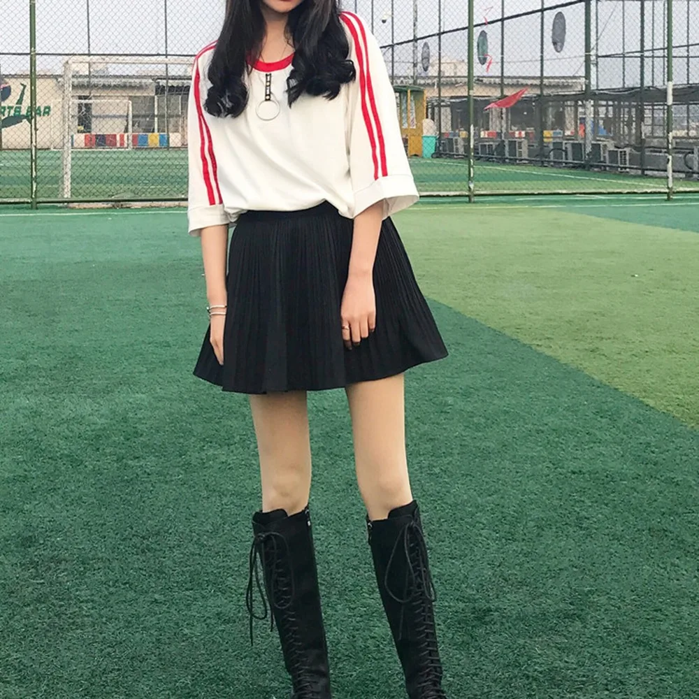 Корейский ulzzang женские длинные футболки японский Harajuku Мода ретро сплит женская футболка Готический полосатый короткий рукав футболки