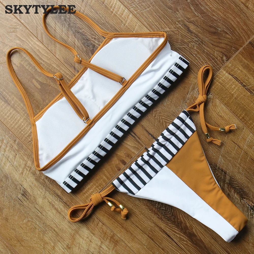 MOOSKINI 2018 лоскутный купальник женский в полоску Бандаж бикини купальный костюм с