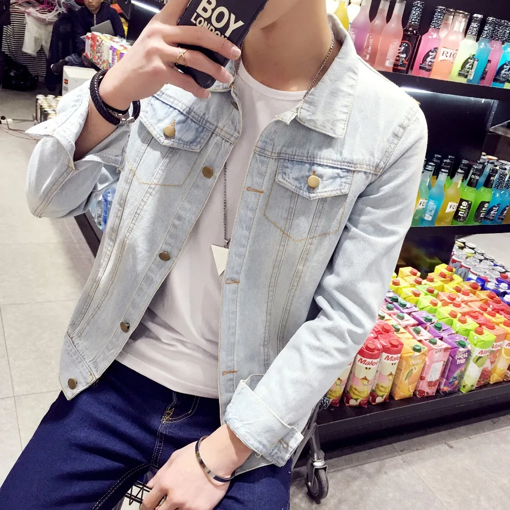 Мужская джинсовая куртка с отложным воротником темно синяя однотонная