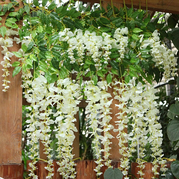baratas 110 Cm Branco Wisteria Vine Wedding Decor Artificial Guirlandas De Flores Decorativas Para Festa De Casamento Decoração Suprimentos