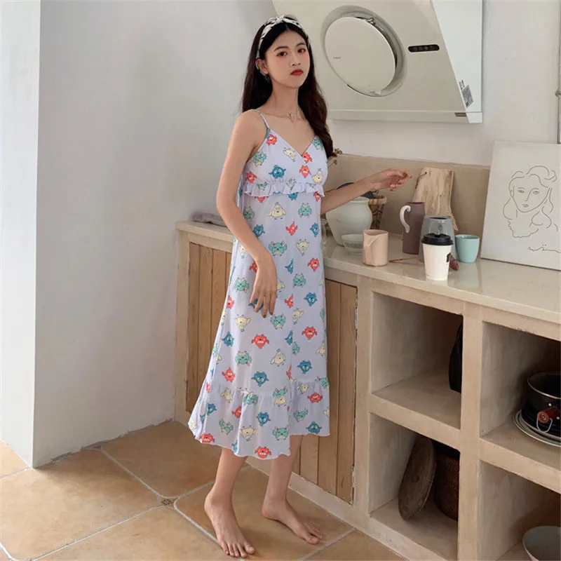 Caiyier Cotton Sleepshirts Sling Sleepwear Sexy Lingerie Korea Cute Print Famale Nightgowns Summer Women Nightdress Breast Pad | Женская