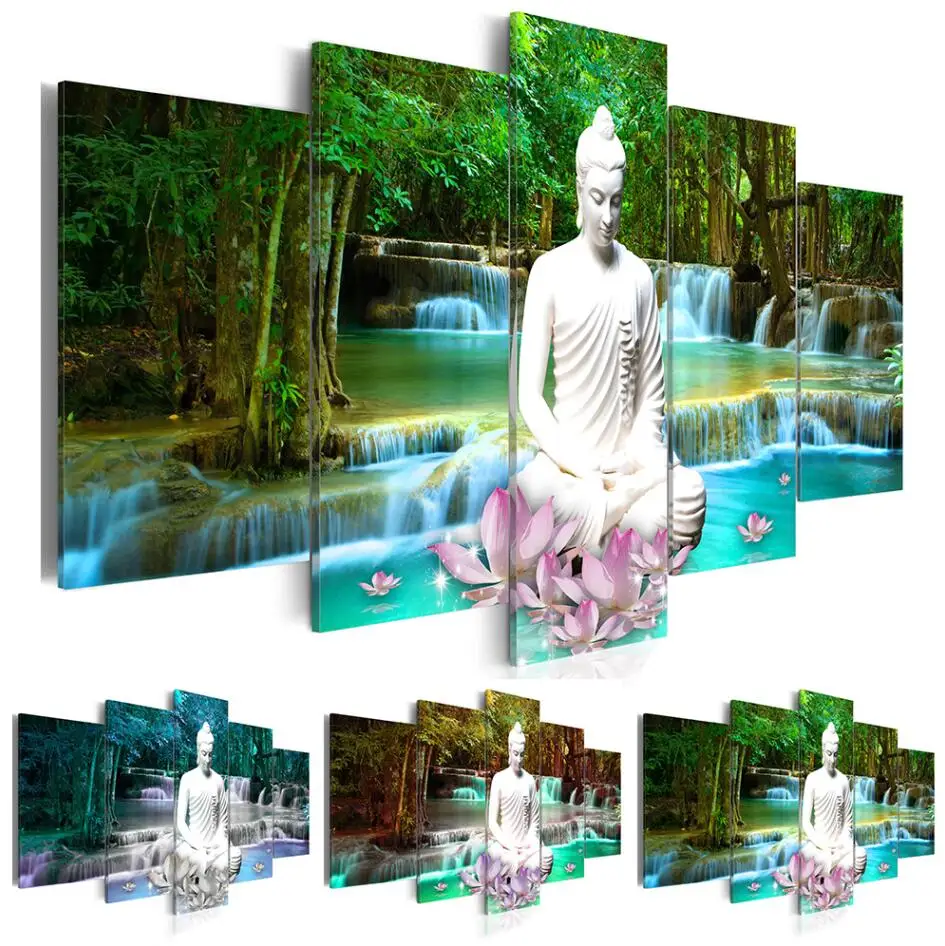 

Hot Sell( No Frame )5 Pieces Canvas Print Modern Fashion Wall Art the Lotus Buddha Landscape for Home Decoration Choose Size:3