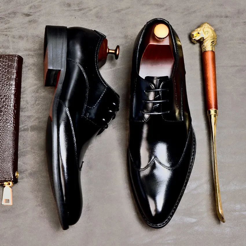 

Plus Size Fashion Genuine Leather Formal Dress Office Brogues Shoes Pointed Toe Derby Men's Wedding Party Oxfords For Male AS106