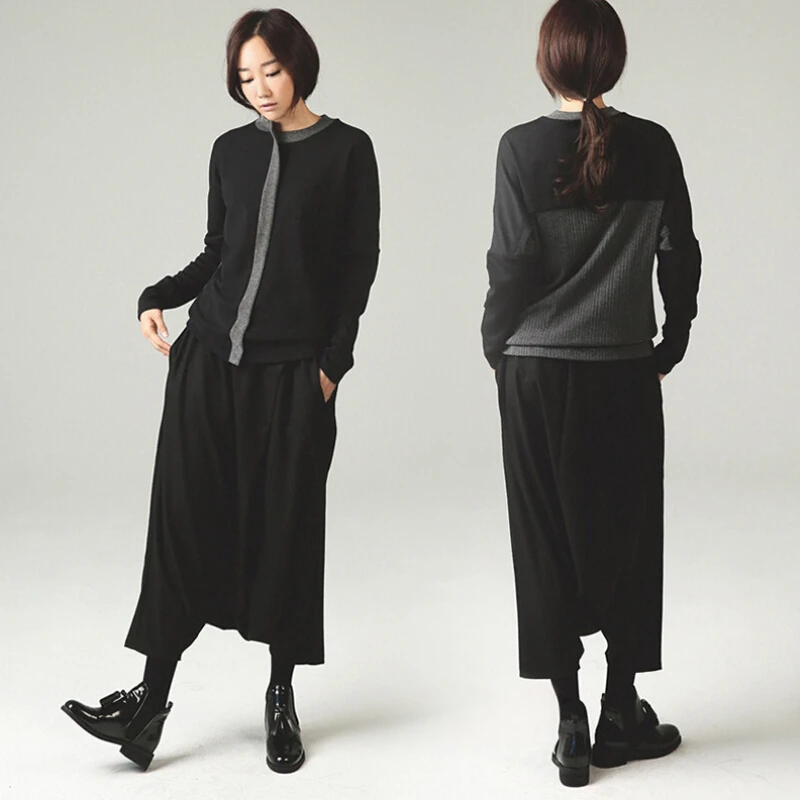 Женские брюки с широкими штанинами однотонные черные весна-осень S-XL | Женская