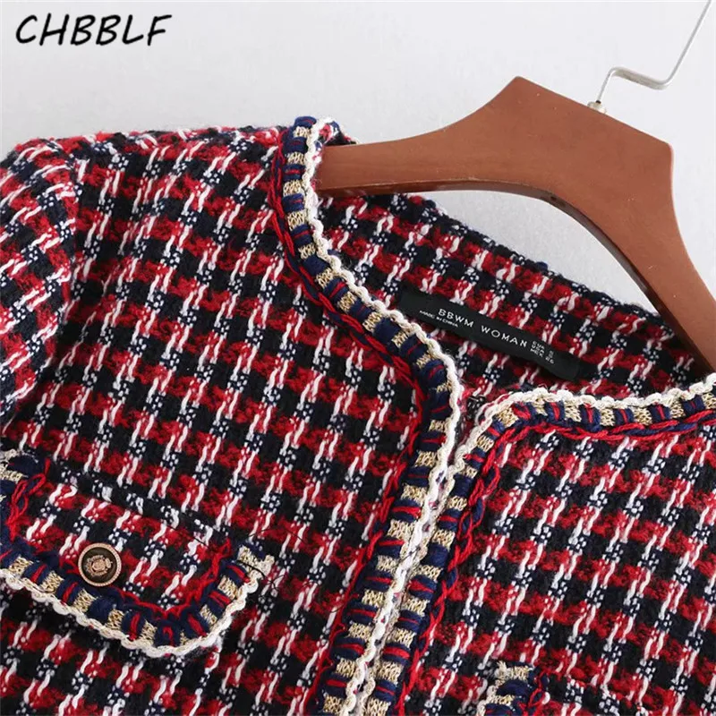 CHBBLF vintage tweed клетчатая куртка пальто карманы украшения Длинные рукава Ретро