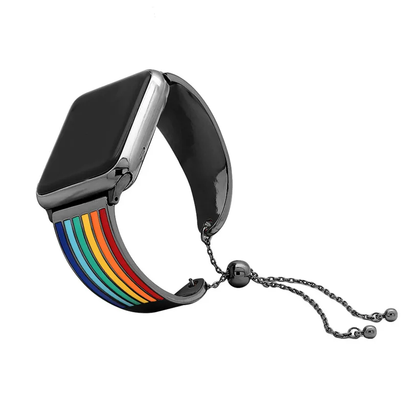 black Очаровательные часы цвета радуги для iwatch для женщин 38 мм 42 мм из нержавеющей стали, ремешок для Apple Watch, сменный регулируемый ремешок для часов - Цвет ремешка: black