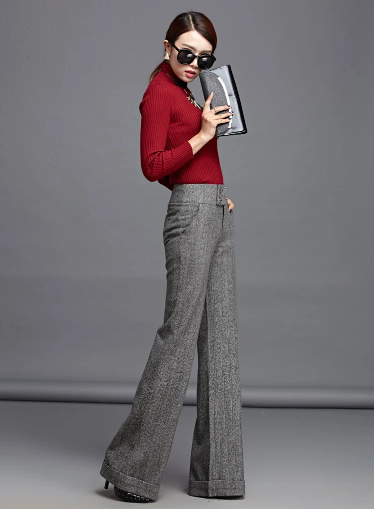Autumn Women Straight Pants Office Lady Wide Leg Wool Trousers High Waist Woolen Flare Pants Capris Work Wear Casual Pants S-3XL