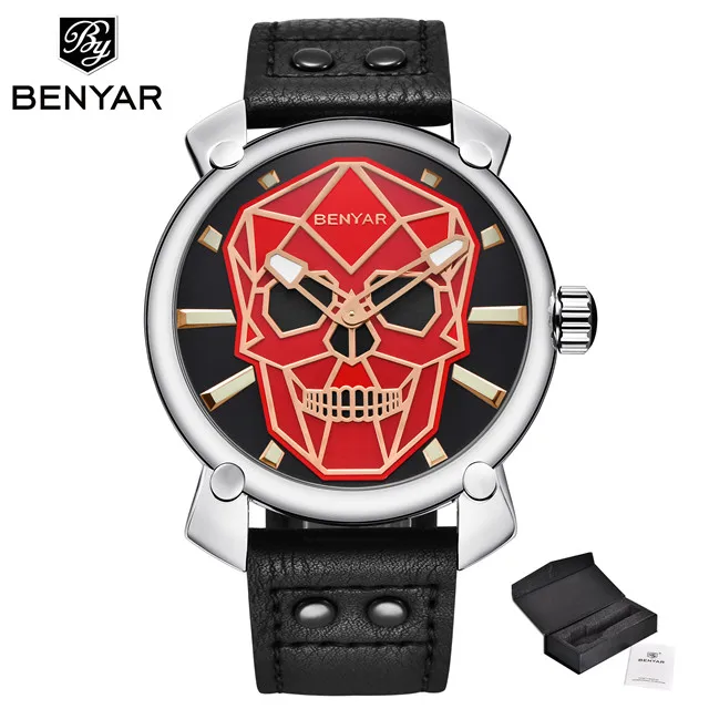 silver red Benyar Роскошные Лидирующий бренд мужские модные креативные часы с черепом бизнес военные часы кожаные кварцевые мужские наручные часы Relogio Masculino - Цвет: silver red