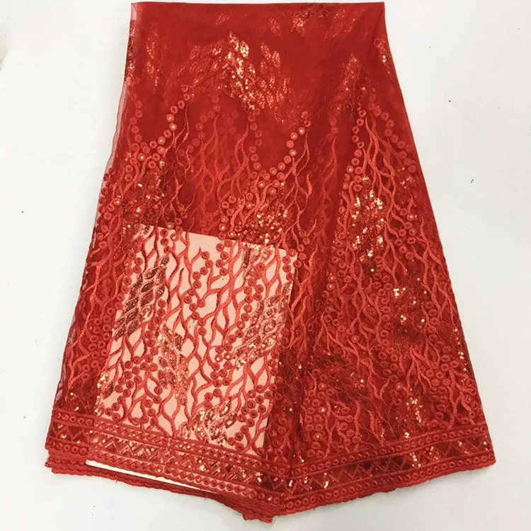 

5 Y/pc Most popular red french net lace fabric with sequins embroidery african mesh lace for clothes BN59-7