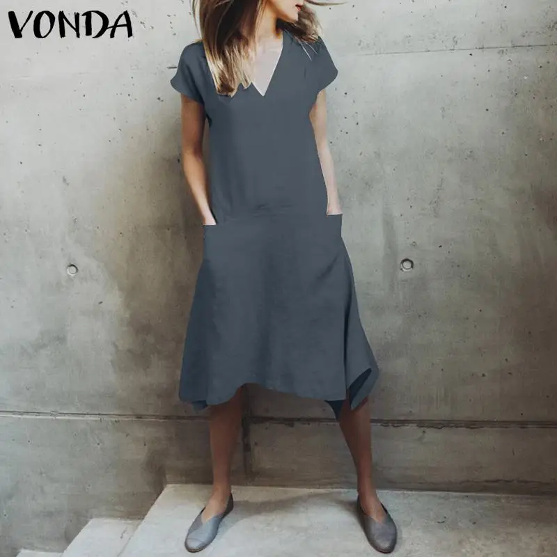 VONDA, женское сексуальное платье, лето, v-образный вырез, короткий рукав, карманы, неровная кромка, хлопок, платья свободного покроя, размера плюс, Vestidos