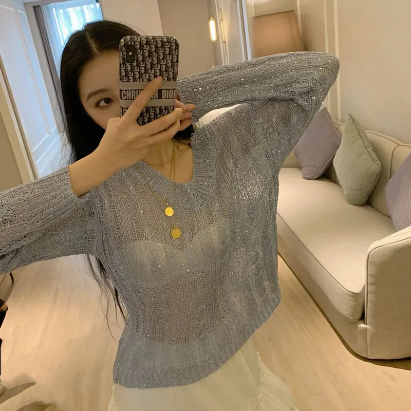 Korean Women Sweater Summer Clothes Woman Trend Transparent Pullover Knitted Femme Autumn Student Street Casual Coat | Женская одежда
