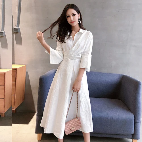 Корейское белое шифоновое платье женские элегантные с высокой талией Питер Пэн