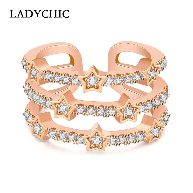 Женское многослойное кольцо с пентаграммой LADYCHIC серебряное/розовое золото