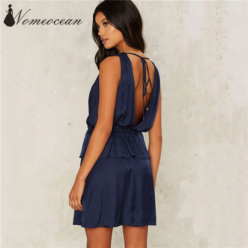 Погружаясь платье Sexy v-образным вырезом Low-Cut Drawstring талии бренда Платья для женщин