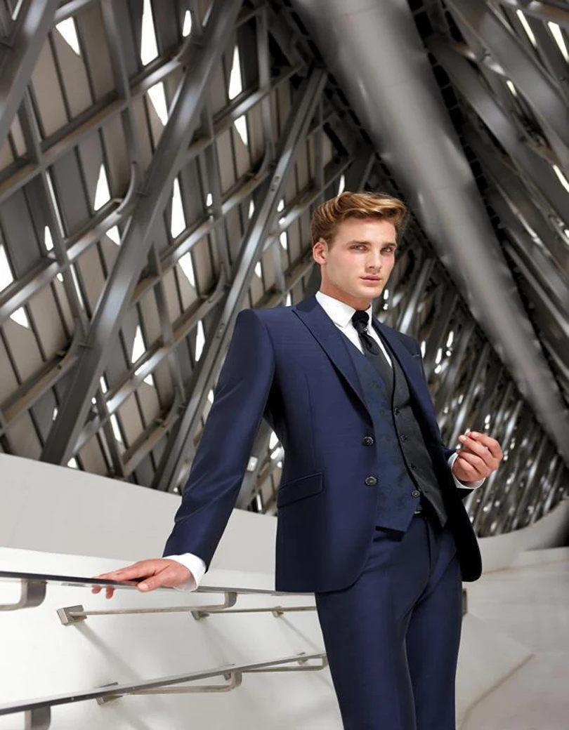 Slim Fit синий Жених Свадебный смокинг для мужчин пике лацкан друг жениха свадебные