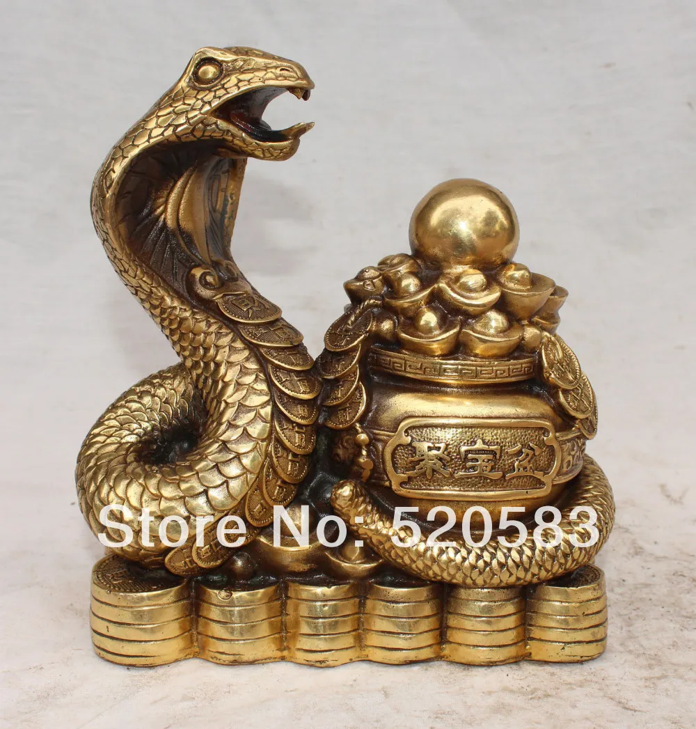 8"Marked Chinese Bronze Wealth YuanBao Money Snake Animal Ju bao Pen Ball Statue | Дом и сад