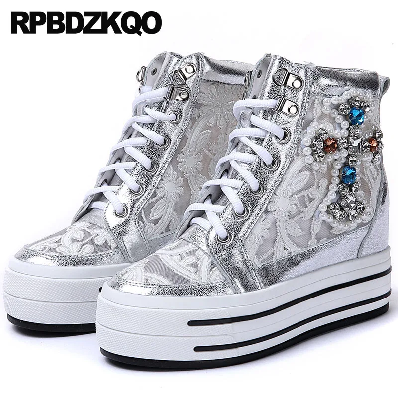 

Trainers Harajuku White Creepers Platform Shoes Breathable Wedge Women Diamond Lace Pearl Mesh Silver High Top Hidden Sneakers