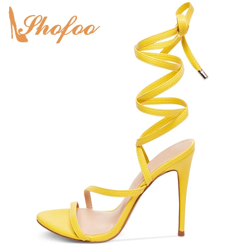 Jual Salib Kuning-Strap Stiletto Sandal Wanita Tinggi Thin Heels Renda Besar Ukuran 11 16 Untuk Ladies Musim Panas Sepatu Dewasa Fashion