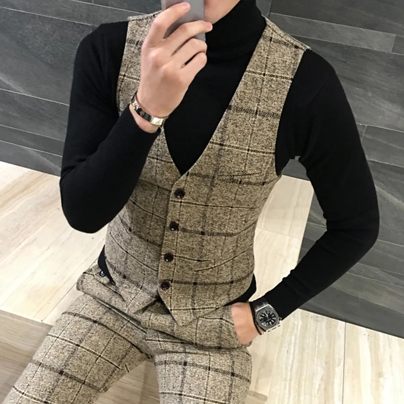

Quality Thick New Men Vest Winter Woolen Fashion Plaid Vest Men Formal Dress Suit Vest Slim Fit Waistcoat Gilet Plus Size Colete