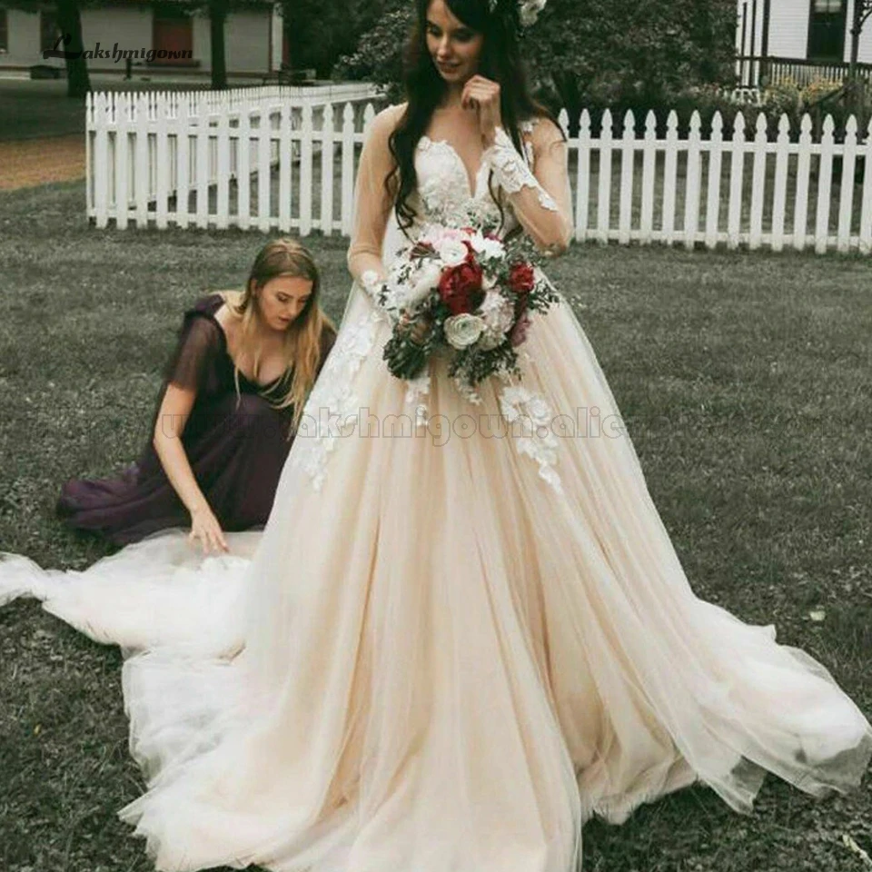 Свадебное платье принцессы с длинным рукавом lakshmidress легкое цвета шампанского