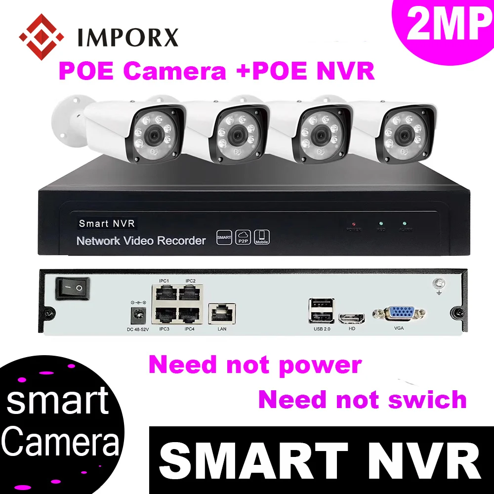 New 2MP 4PCS Wireless Security CCTV Cameras Full HD1080P for Home 4CH POE NVR Kit H.265 Waterproof Video Surveillance System |