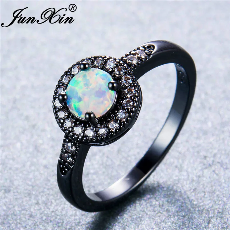 JUNXIN New Retro Classic Black Gold Filled Ring Finger Accessories Round White Fire Opal AAA Zircon Female Wedding Party Gifts |