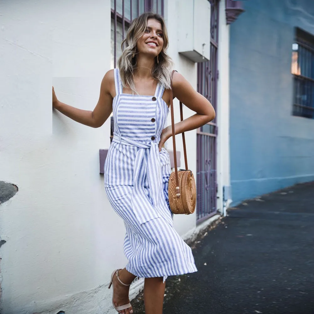 Летнее платье Для женщин сексуальная Boho Полосатое без рукавов пляжные Стиль