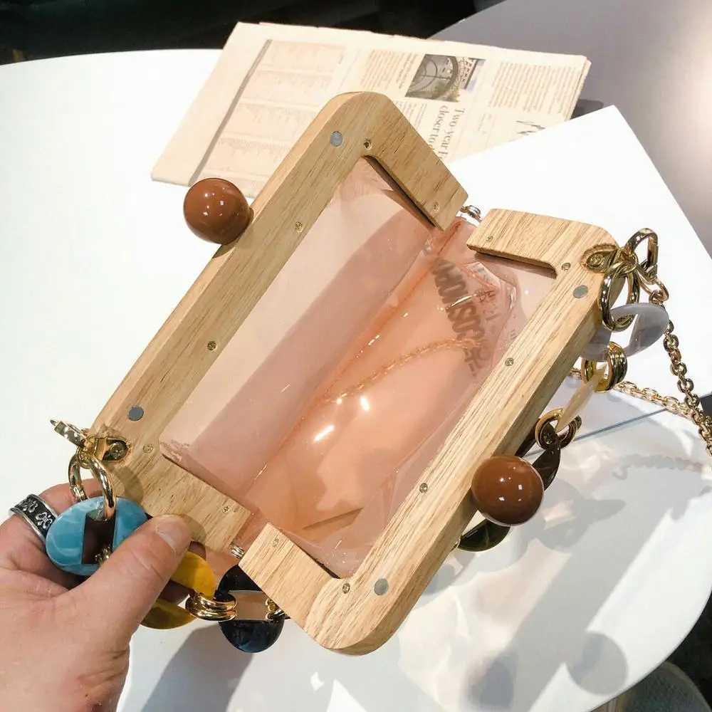 

New Transparent bag clear pvc plastic bucket bag Acrylic chains vintage party Clutch women summer shoulder handbag luxury brand