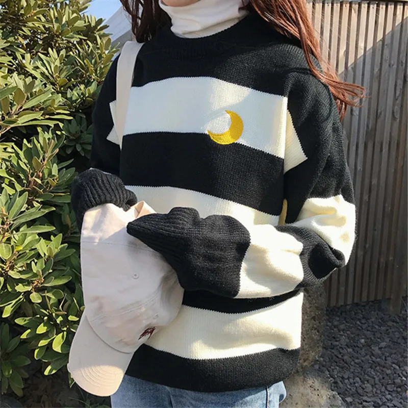 Женский свободный свитер Kawaii Ulzzang колледжа ярких цветов в полоску с Луной наборы