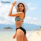 Charmo Женский комплект бикини с винтажным цветочным принтом, купальник на бретелях, купальный костюм, пляжная одежда с мягкими чашечками, жилет с воротником-хомутом