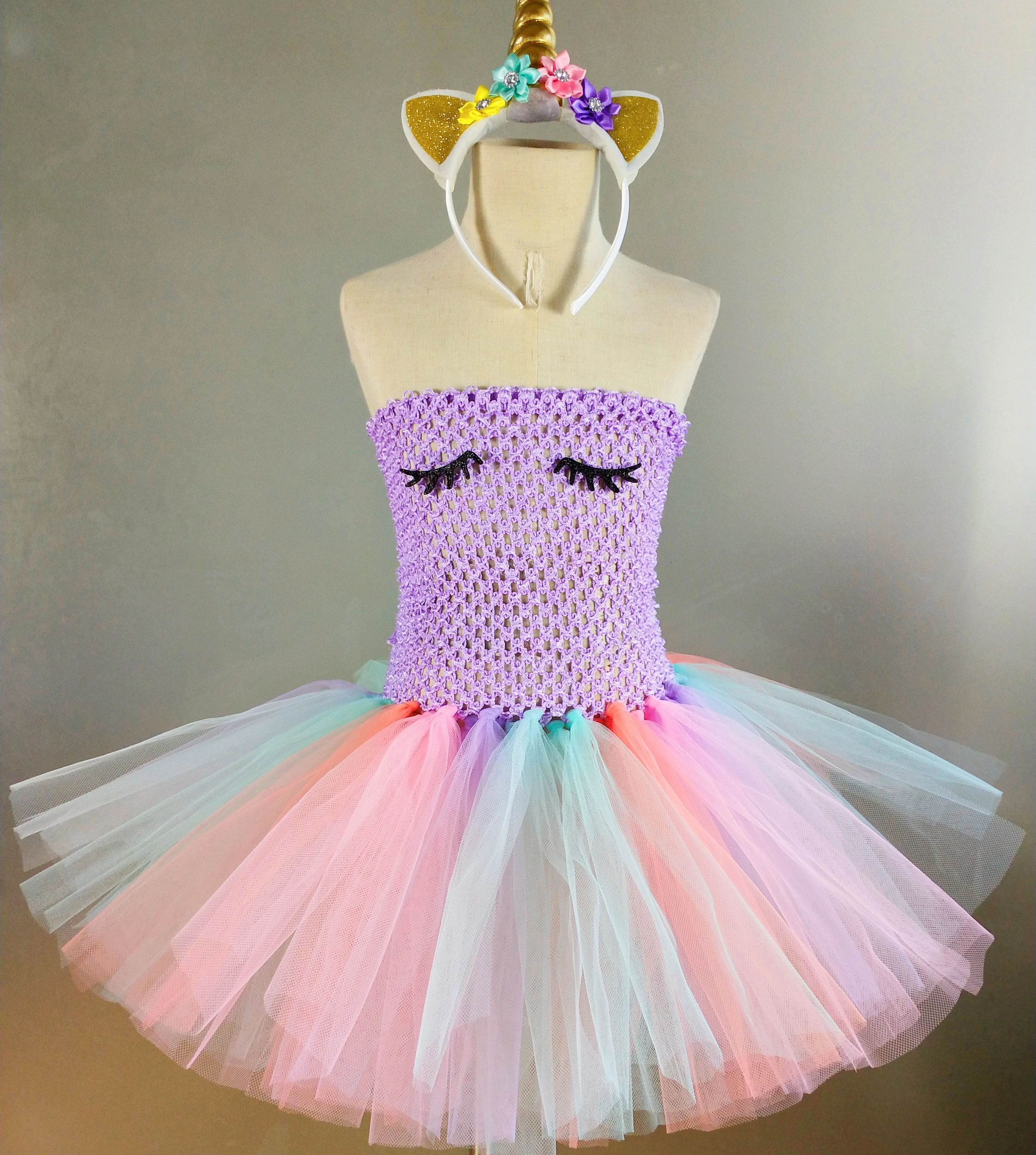 Girls Pastel Unicorn Tutu Dress Kids Crochet Corset Tulle with Flower Hairbow Set Children Cosplay Party Costume Dresses | Детская