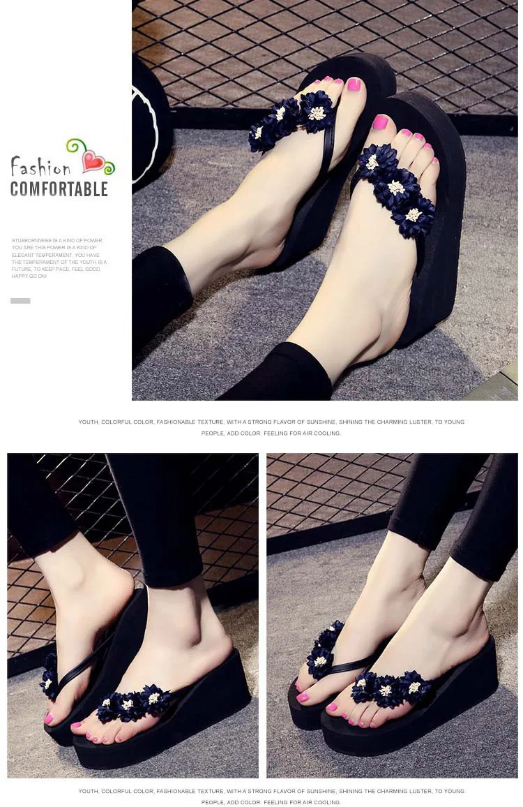 Chanclas de mujer/шлепанцы на платформе с цветами; женская летняя пляжная обувь; женские шлепанцы на танкетке и высоком каблуке; женские вьетнамки