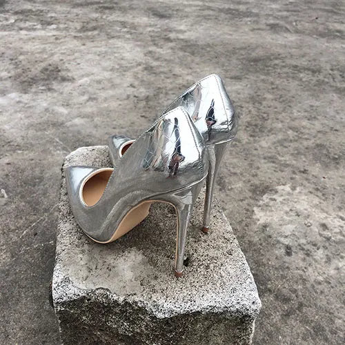 Silver 12cm Heels Veowalk/блестящие пикантные вечерние туфли-лодочки на очень высоком каблуке-шпильке с острым носком; свадебные туфли; Цвет серебристый, золотистый - Цвет: Silver 12cm Heels