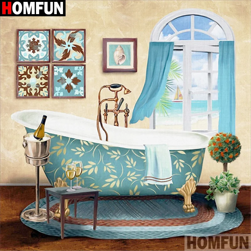 

Алмазная 5D картина HOMFUN «сделай сам», вышивка «ванная комната», полная Алмазная вышивка, картина стразы, для праздничных подарков, A25870