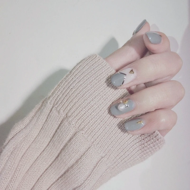 Красивый кремовый серый чистый цвет 3D поддельные ногти милые накладные 24 шт с
